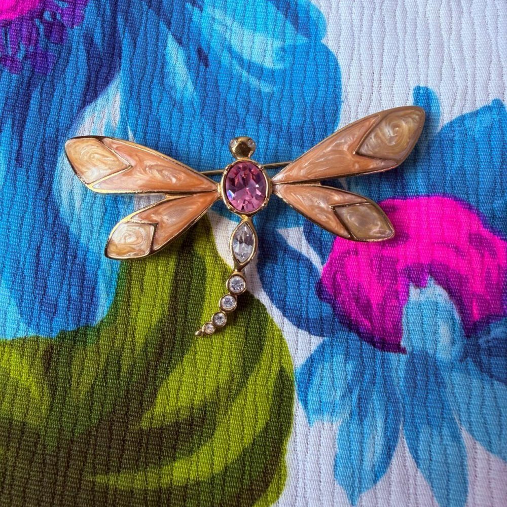 Vintage Avon Dragonfly brooch. Gold-toned with pink and clear glass stones. Beau